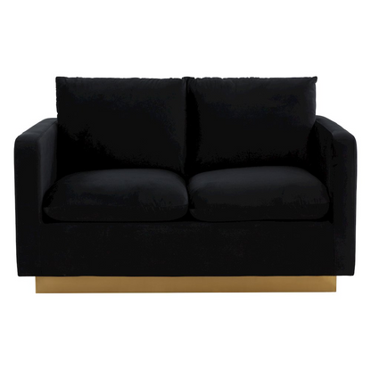 Nervo modern mid-century velvet loveseat with gold frame, upholstered in rich fabric, featuring sleek design and plush seating.