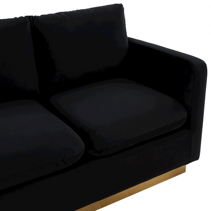 Nervo modern mid-century velvet loveseat with gold metal frame, upholstered in rich fabric, stylish and comfortable seating for living room.
