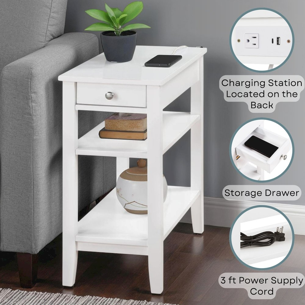 Start2Finish American Heritage chairside end table with one drawer, shelves, and charging station, made of wood and modern design.