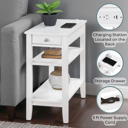 Start2Finish American Heritage chairside end table with one drawer, shelves, and charging station, made of wood and modern design.