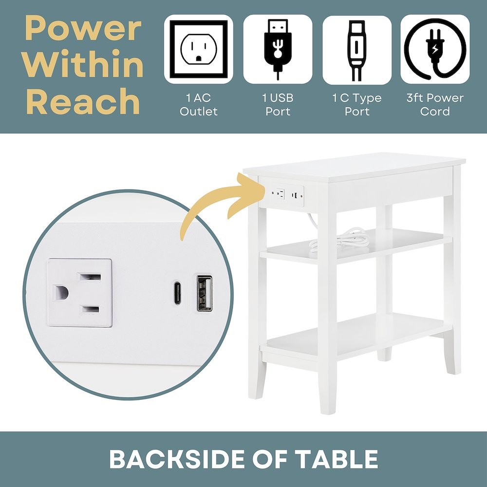 Start2Finish American Heritage chairside end table with one drawer, charging station, and shelves, made of wood and metal.