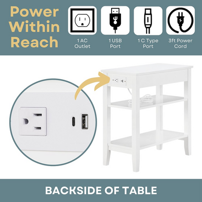 Start2Finish American Heritage chairside end table with one drawer, charging station, and shelves, made of wood and metal.