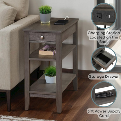 American Heritage chairside end table with one drawer, charging station, and shelves, featuring a classic wooden furniture design.