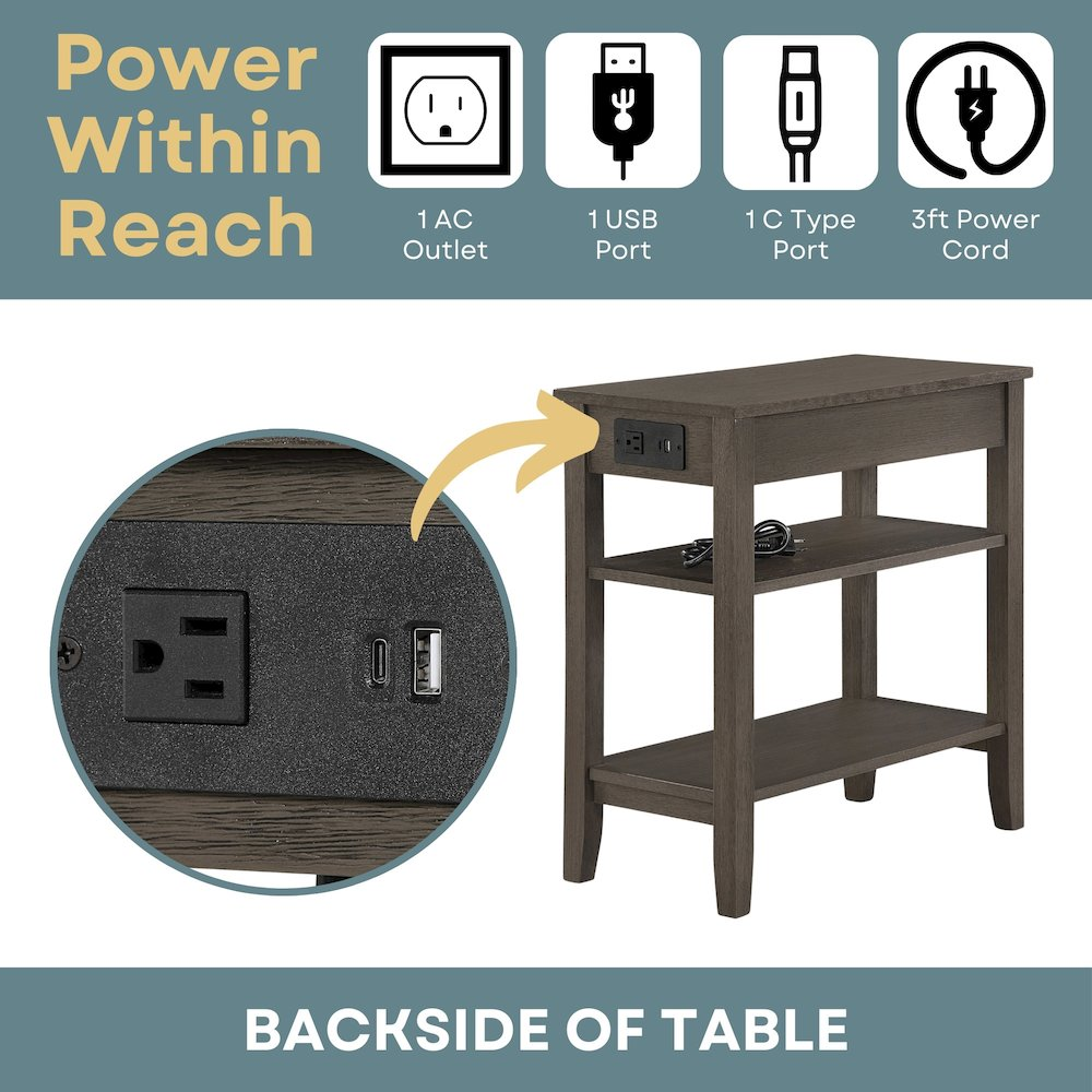 Start2Finish American Heritage 1 Drawer Chairside End Table with charging station and shelves, featuring a wooden finish and compact design.