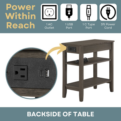 Start2Finish American Heritage 1 Drawer Chairside End Table with charging station and shelves, featuring a wooden finish and compact design.