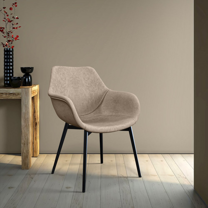 Pair of Markley Modern Leather Dining Arm Chairs in taupe with sleek design and armrests, from Start2Finish.