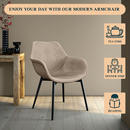 Set of two Markley Modern Leather Dining Arm Chairs in taupe with sleek design and padded armrests, by Start2Finish.