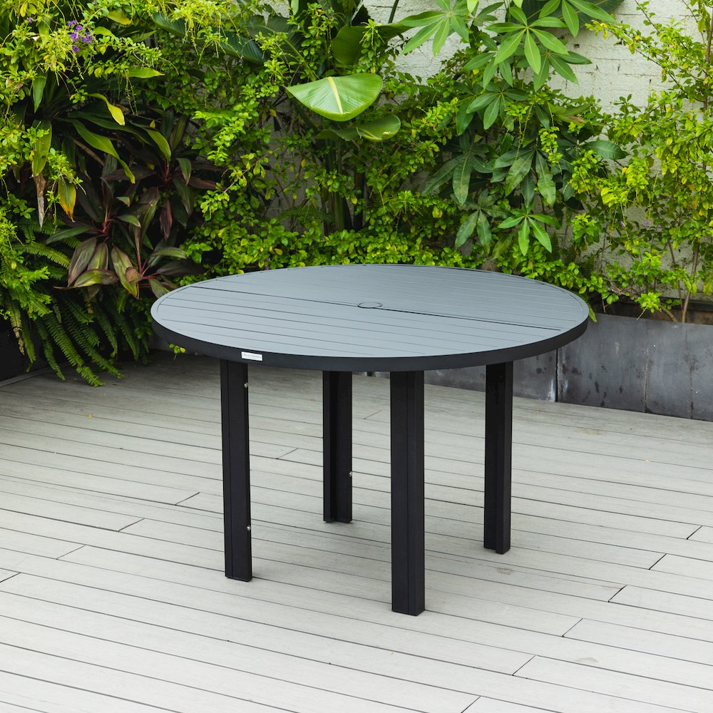 Start2Finish Chelsea 60-inch round outdoor aluminum dining table for patio, with a smooth tabletop and sturdy legs.