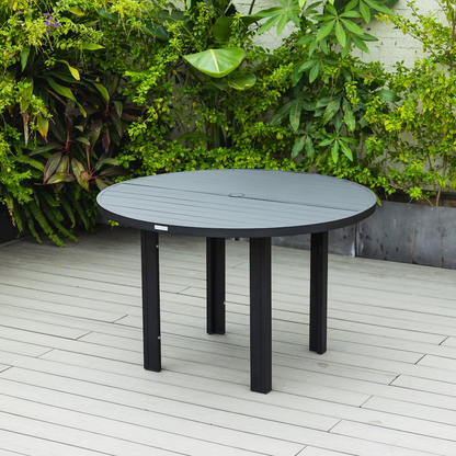 Start2Finish Chelsea 60-inch round outdoor aluminum dining table for patio, with a smooth tabletop and sturdy legs.