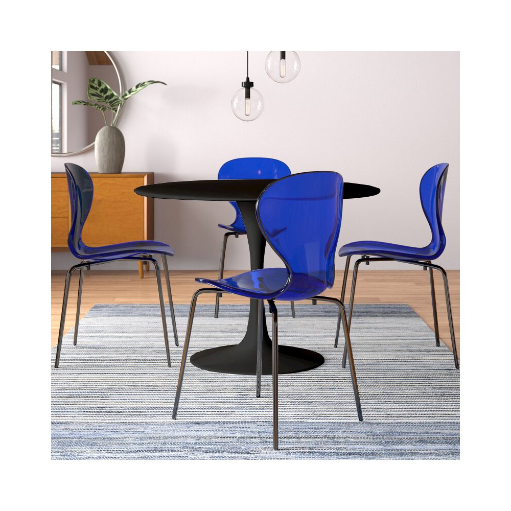 Black MDF 5-piece round dining set with matching chairs and table, modern style for kitchen or dining room.