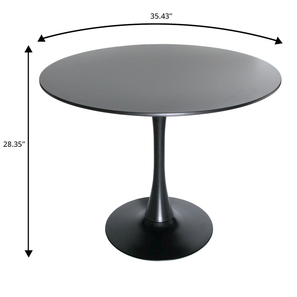 Black MDF 5-piece round dining set with matching chairs, modern style, ideal for kitchen or dining room use.