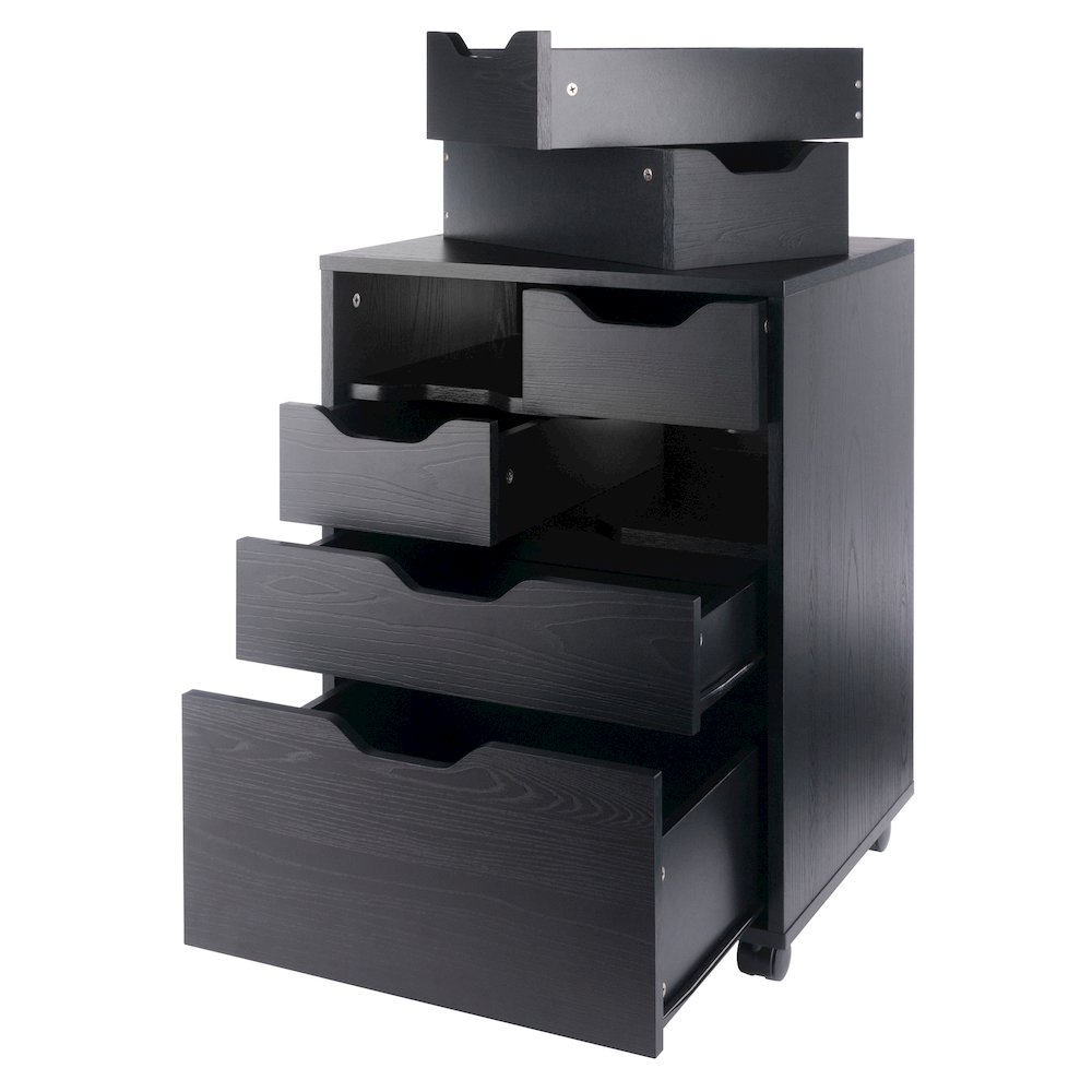 Black Finish Norfolk 4 Bins and 2 Drawer Mobile Cabinet by Start2Finish, featuring a sturdy furniture design with ample storage.