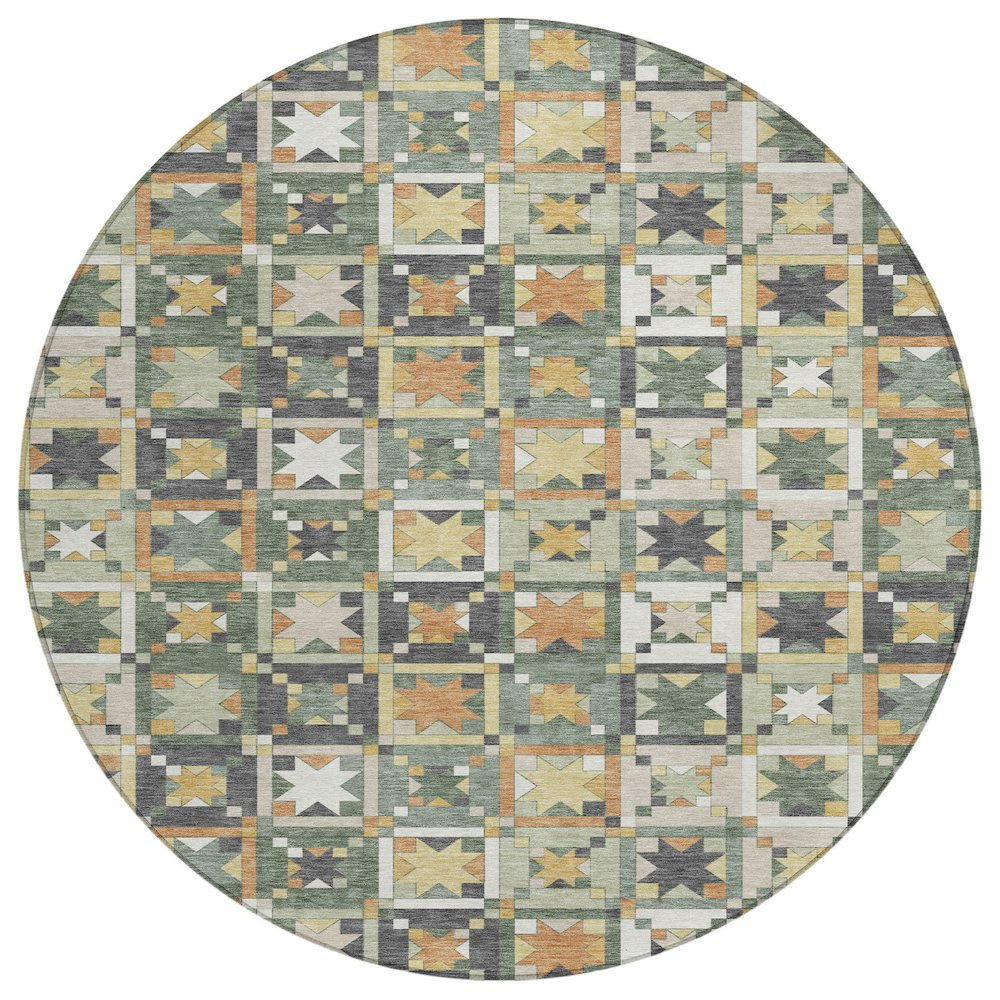 Start2Finish green indoor/outdoor chantille 8-foot round rug, machine washable, with intricate pattern and soft texture.
