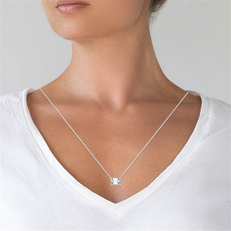 Start2Finish 2.00 CTW lab-grown emerald-cut diamond solitaire pendant in 14K white or yellow gold, showcasing the sparkling gemstone.