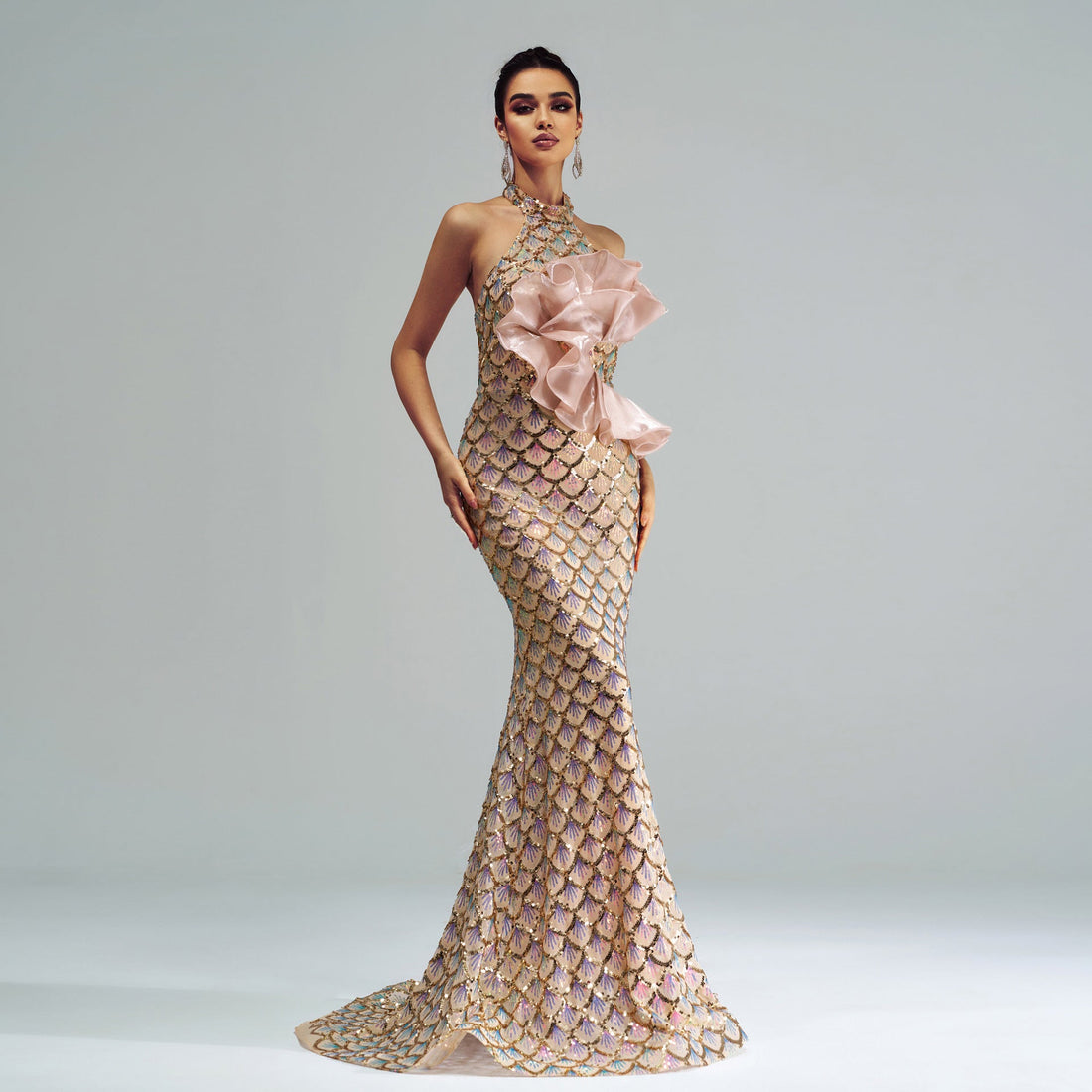Carmine Juneberry Champagne Glam halter mermaid dress with luxurious fabric, fitted silhouette, and elegant design for special occasions.