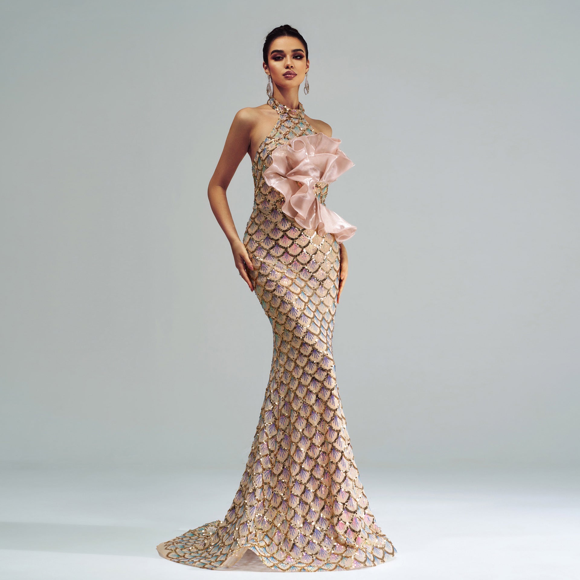 Carmine Juneberry Champagne Glam halter mermaid dress with luxurious fabric, fitted silhouette, and elegant design for special occasions.