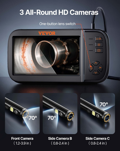 Start2Finish VEVOR borescope camera with triple lenses, 4.5-inch screen, LED lights, waterproof design, for auto and plumbing inspections.