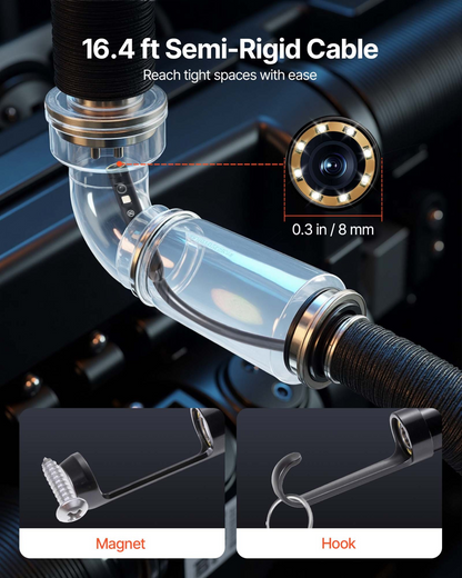 Start2Finish VEVOR borescope camera with triple lenses, 4.5" screen, 1080P, 10 LED lights, waterproof auto and plumbing inspection tool.