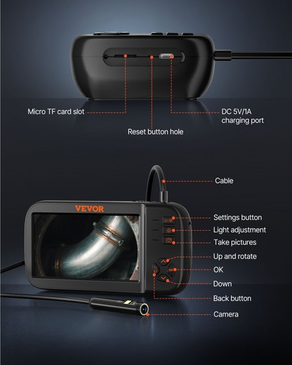 Start2Finish VEVOR borescope camera with triple lenses, 4.5-inch screen, 1080P video, 10 LED lights, waterproof for auto and plumbing.