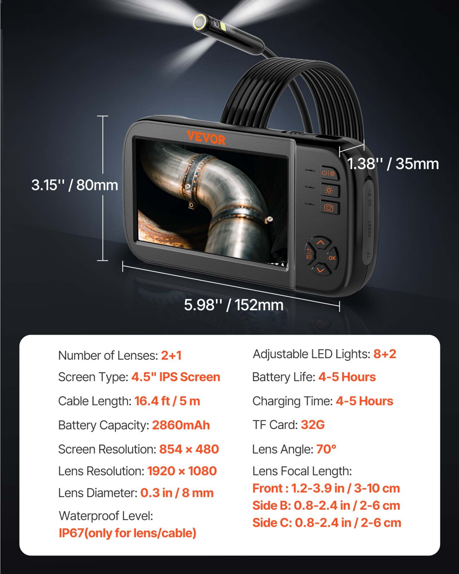 Start2Finish VEVOR borescope camera with triple lenses, 4.5-inch screen, 1080P, 10 LEDs, waterproof, auto plumbing inspection tool.