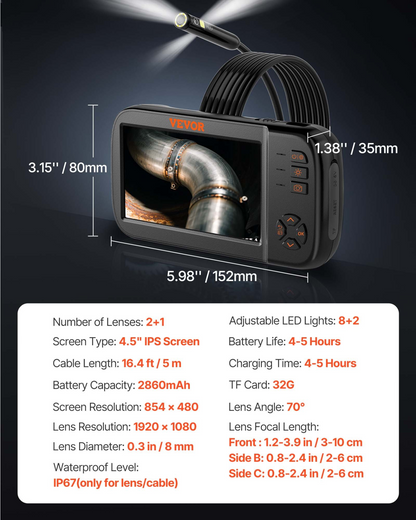 Start2Finish VEVOR borescope camera with triple lenses, 4.5-inch screen, 1080P, 10 LEDs, waterproof, auto plumbing inspection tool.