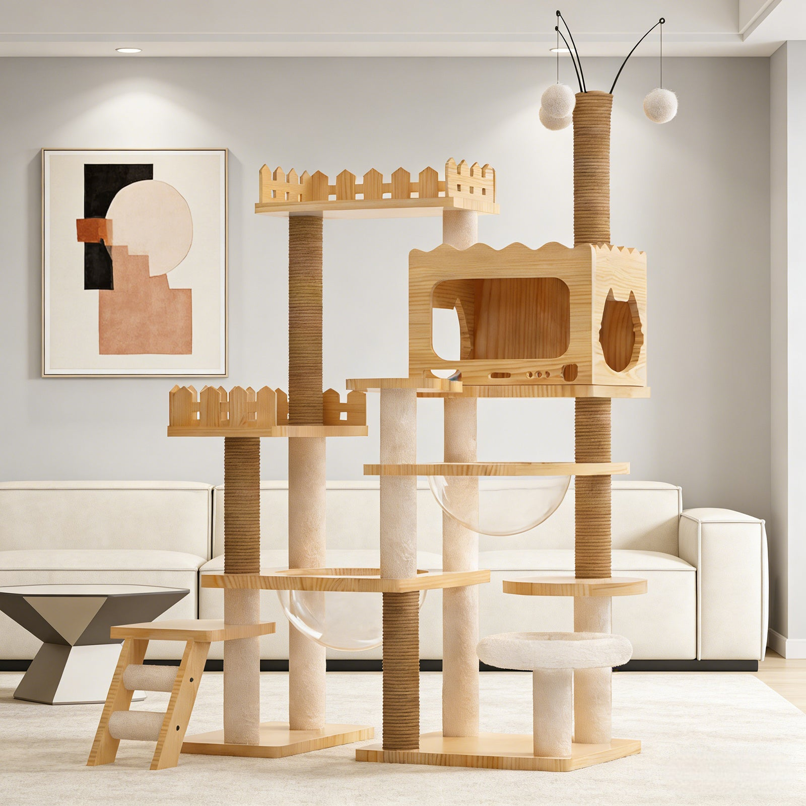 Start2Finish 66.9-inch modern wood cat tree tower with multi-level platforms, sisal scratching posts, acrylic hammock, and top perch.
