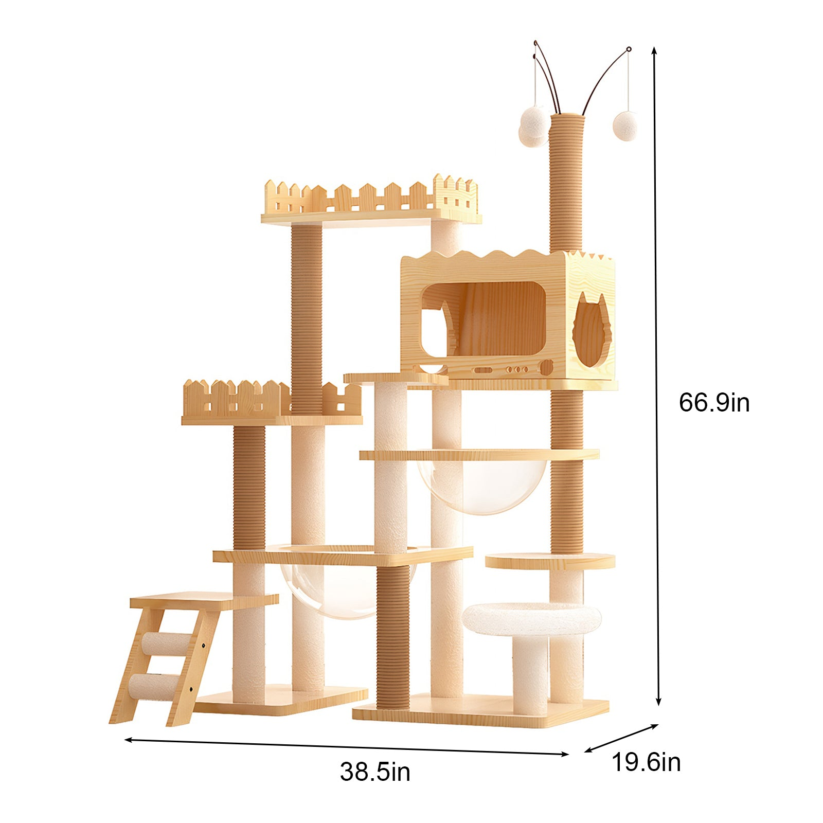Modern wood cat tree tower with multi-level platforms, sisal scratching posts, acrylic hammock, and top perch for indoor cats.