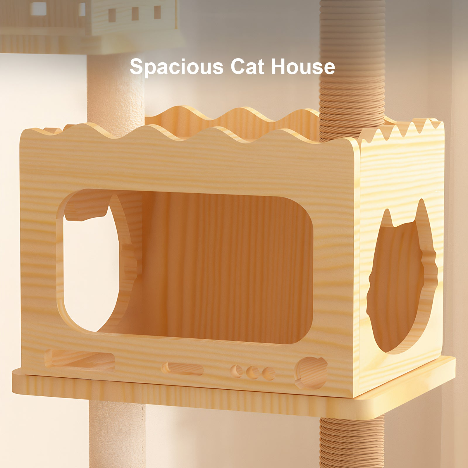 Modern 66.9-inch wood cat tree tower with multi-level platforms, sisal scratching posts, acrylic hammock, and top perch for indoor cats.