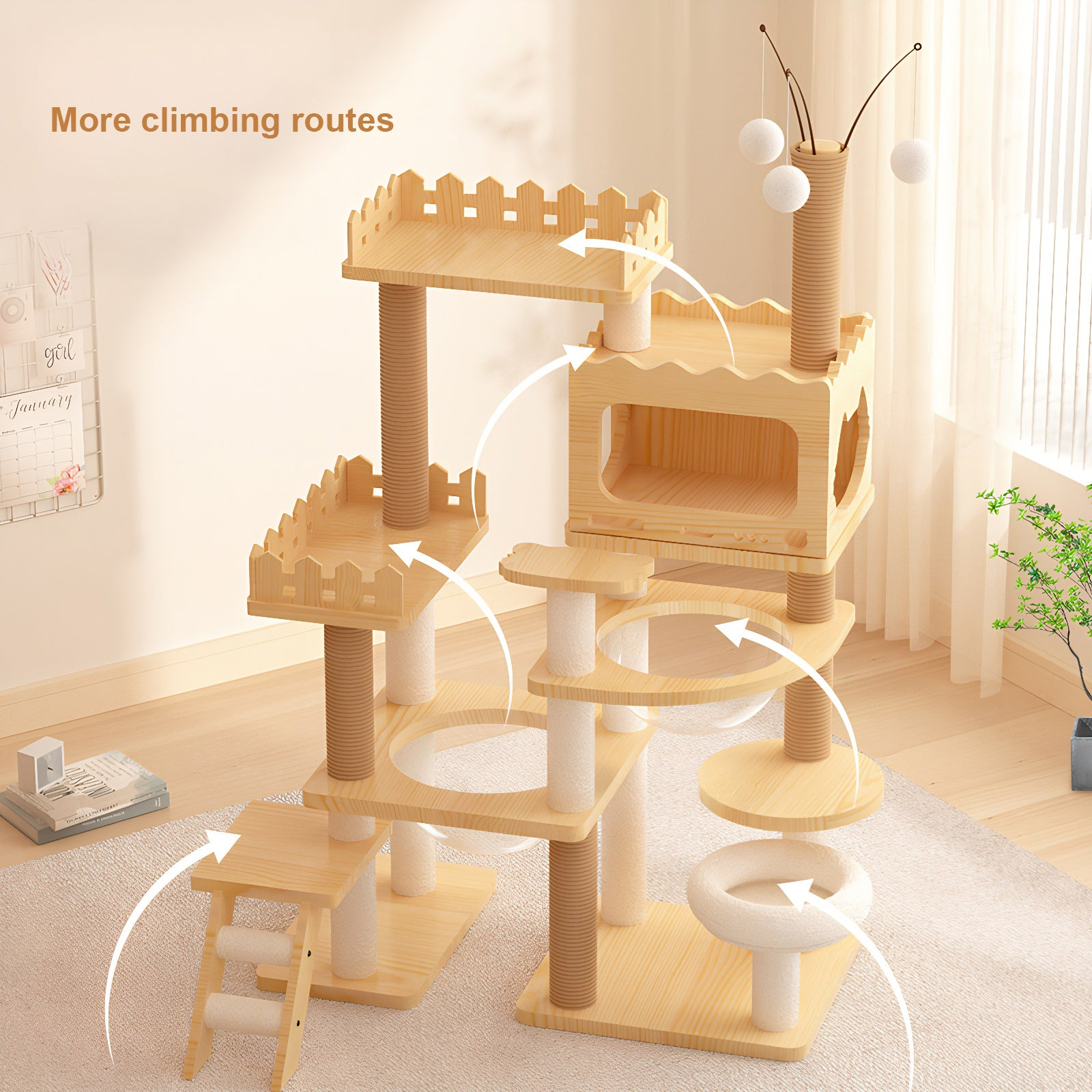 Modern 66.9-inch wood cat tree tower by Start2Finish with sisal scratching posts, acrylic hammock, and top perch for indoor cats.