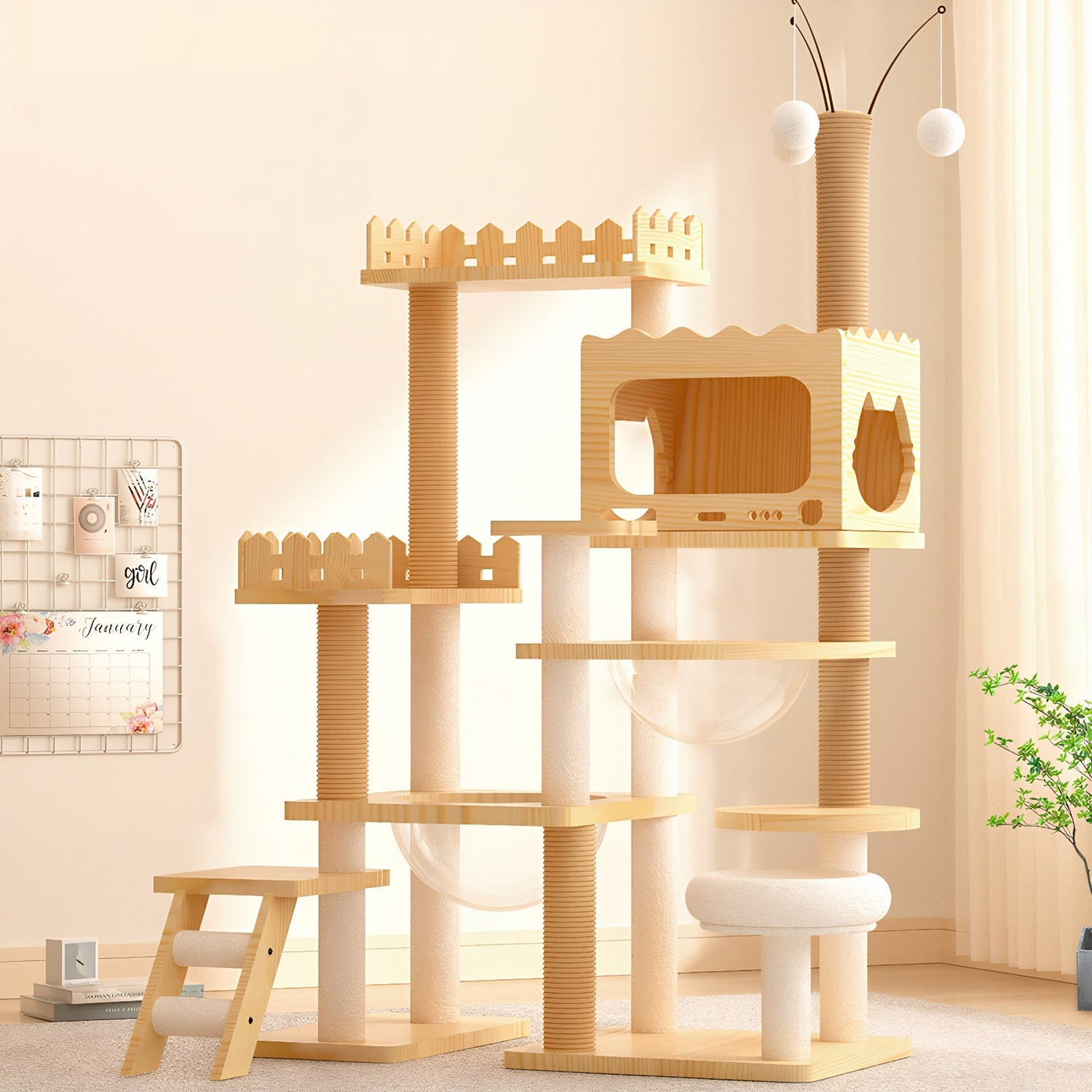 Start2Finish 66.9-inch modern wood cat tree tower with multi-level platforms, sisal scratching posts, acrylic hammock, and top perch.