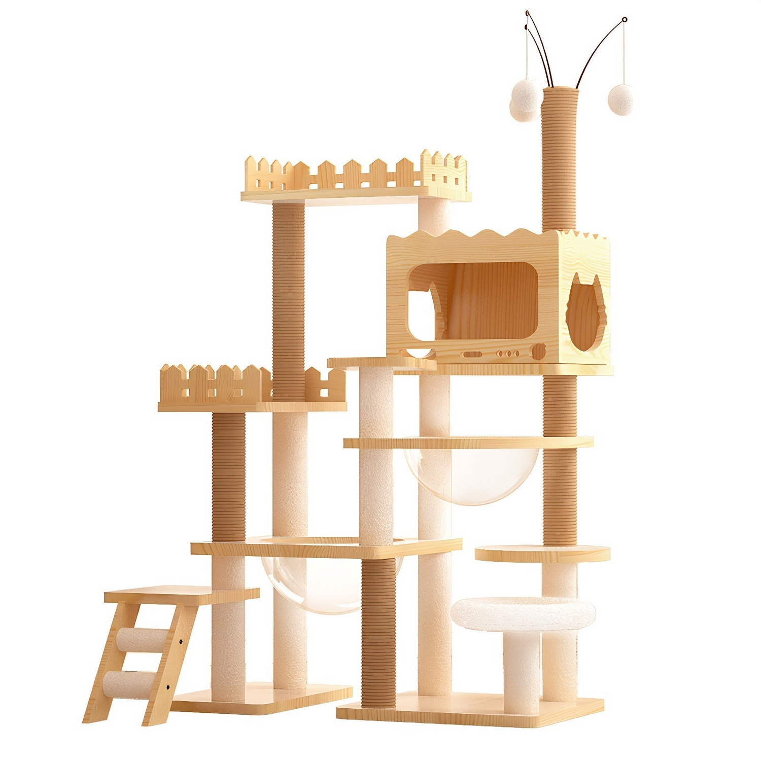 Start2Finish 66.9-inch modern wood cat tree with multi-level platforms, sisal scratching posts, acrylic hammock, and top perch for indoor cats.