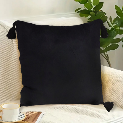 Black vintage butterfly tassel throw pillow by Start2Finish featuring intricate butterfly design and decorative tassels for home decor.