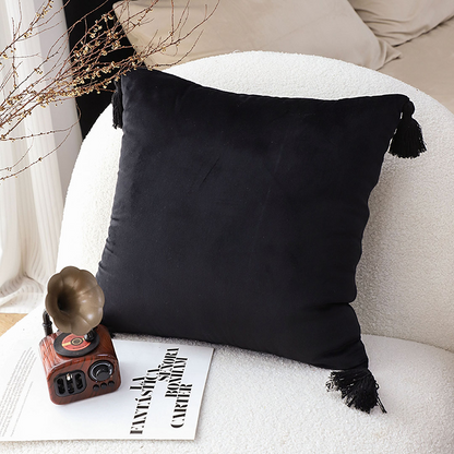 Black vintage butterfly tassel throw pillow with decorative tassels, featuring a stylish design for home decor by Start2Finish.