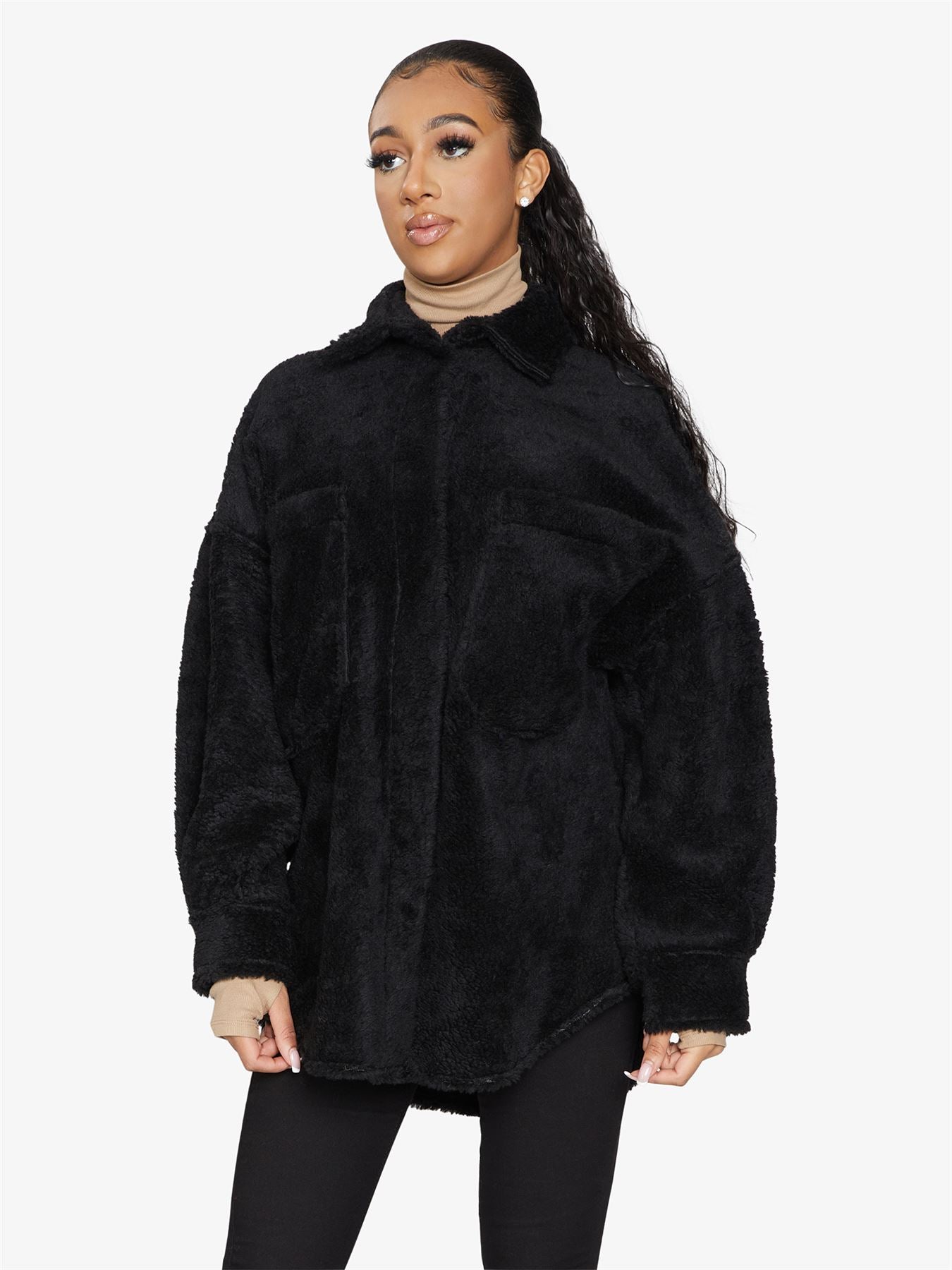 Rose Eleusis oversized patch pocket Borg teddy shacket, cozy jacket with plush fleece, button front, and relaxed fit.