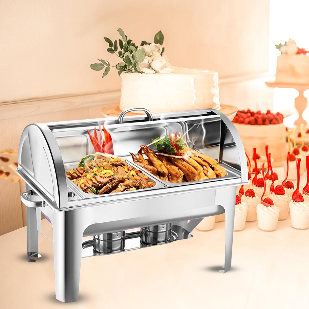 Start2Finish SOGA 4x 1.19 gal chafing dish with dual tray top for home use, featuring stainless steel construction and easy handling.