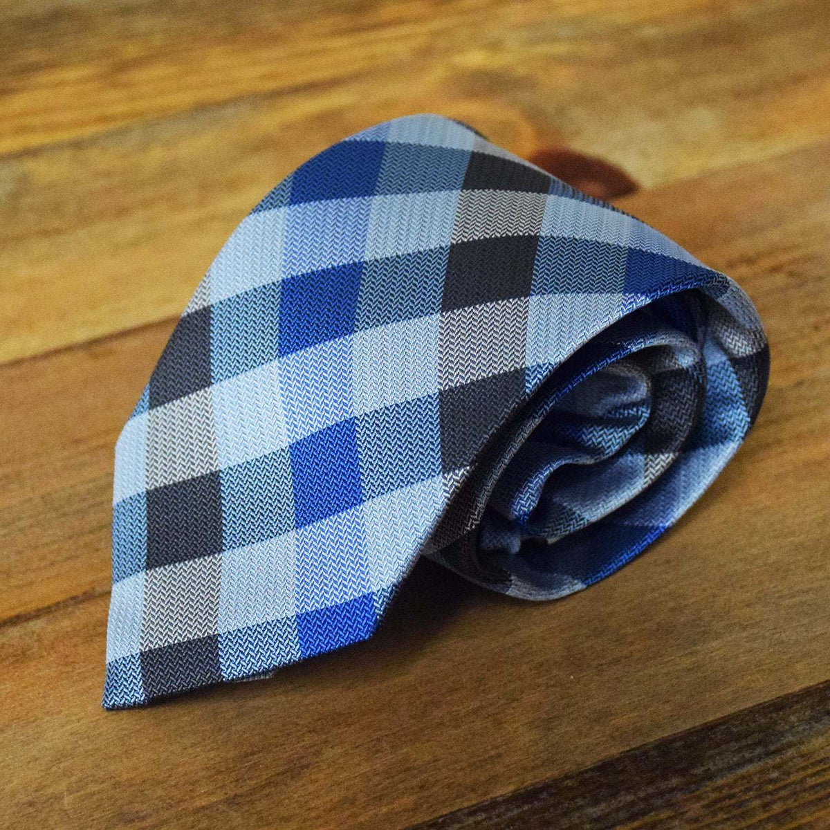 Youth Blue and Black Plaid Microfiber Necktie