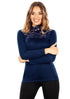 Byzantium Hemera EGI Exclusive Collections merino wool blend long sleeve mock neck top in blue, showcasing its fitted design and soft fabric.