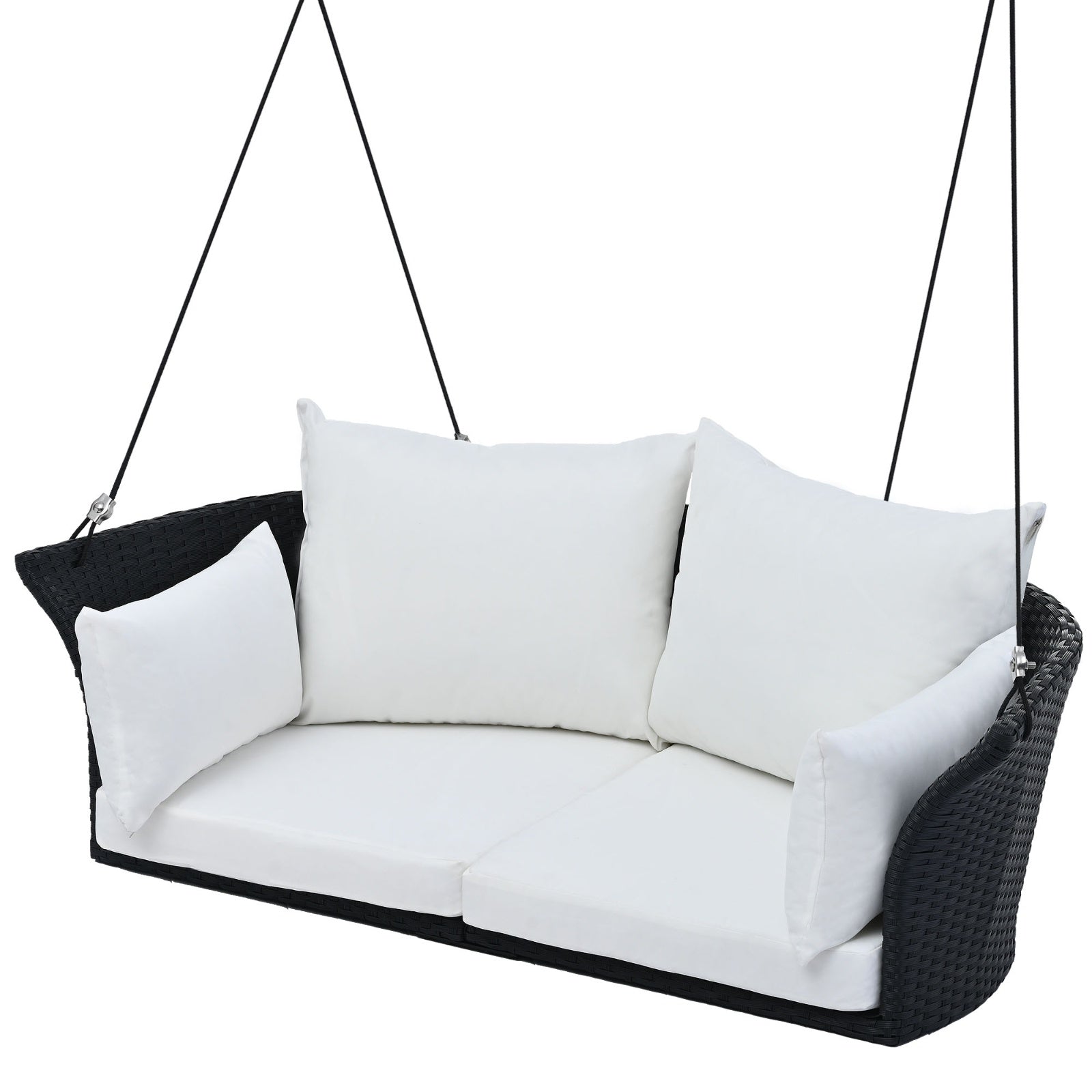 Black wicker hanging rattan porch swing for 2 by Carmine Juneberry, suitable for garden outdoor seating.