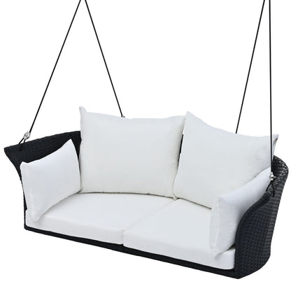 Black wicker hanging rattan porch swing for 2 by Carmine Juneberry, suitable for garden outdoor seating.
