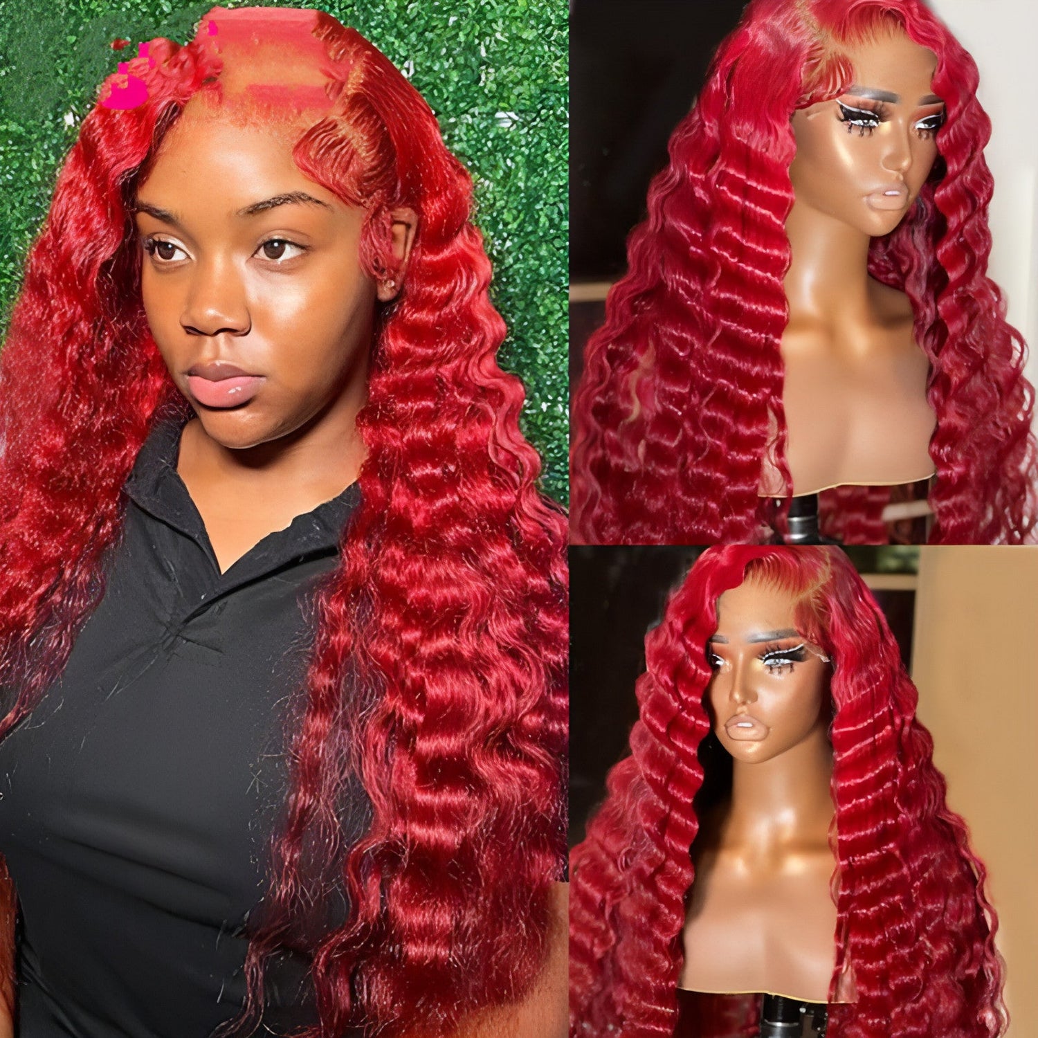 Red deep wave human hair wig by Carmine Juneberry, styled on a mannequin head, showcasing its vibrant color and wavy texture.