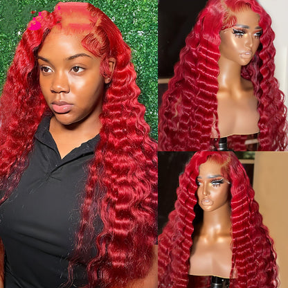 Red deep wave human hair wig by Carmine Juneberry, styled on a mannequin head, showcasing its vibrant color and wavy texture.