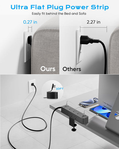 Peach Maple desk clamp power strip with 17-in-1 hub, multiple outlets, USB ports, and 40W fast charging attached to a desk.