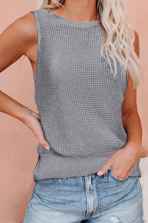 Gray crisscross hollow-out knit tank top for women by Lavender Pallas, shown on a model with a close-up of the detailed design.
