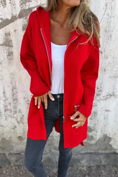 Carmine Juneberry fiery red zip-up hooded coat, casual jacket with front pockets and a cozy hood, perfect for everyday wear.