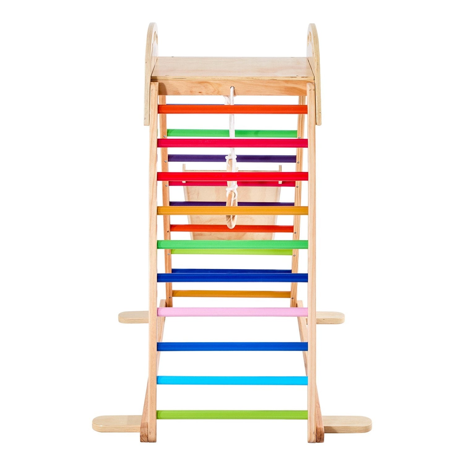 Pear Daisy 4-in-1 wooden indoor playground jungle gym with climbing areas, slides, and play features for kids.