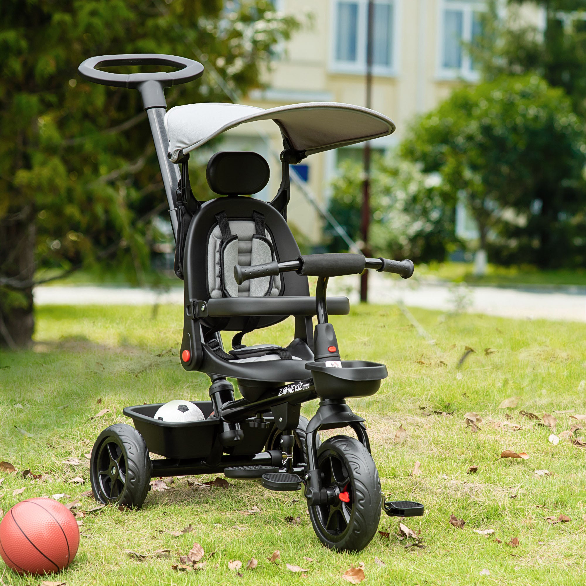 Taupe Shadow Qaba Baby Tricycle 4-in-1 stroller with reversible, adjustable seat for comfortable, versatile toddler riding.