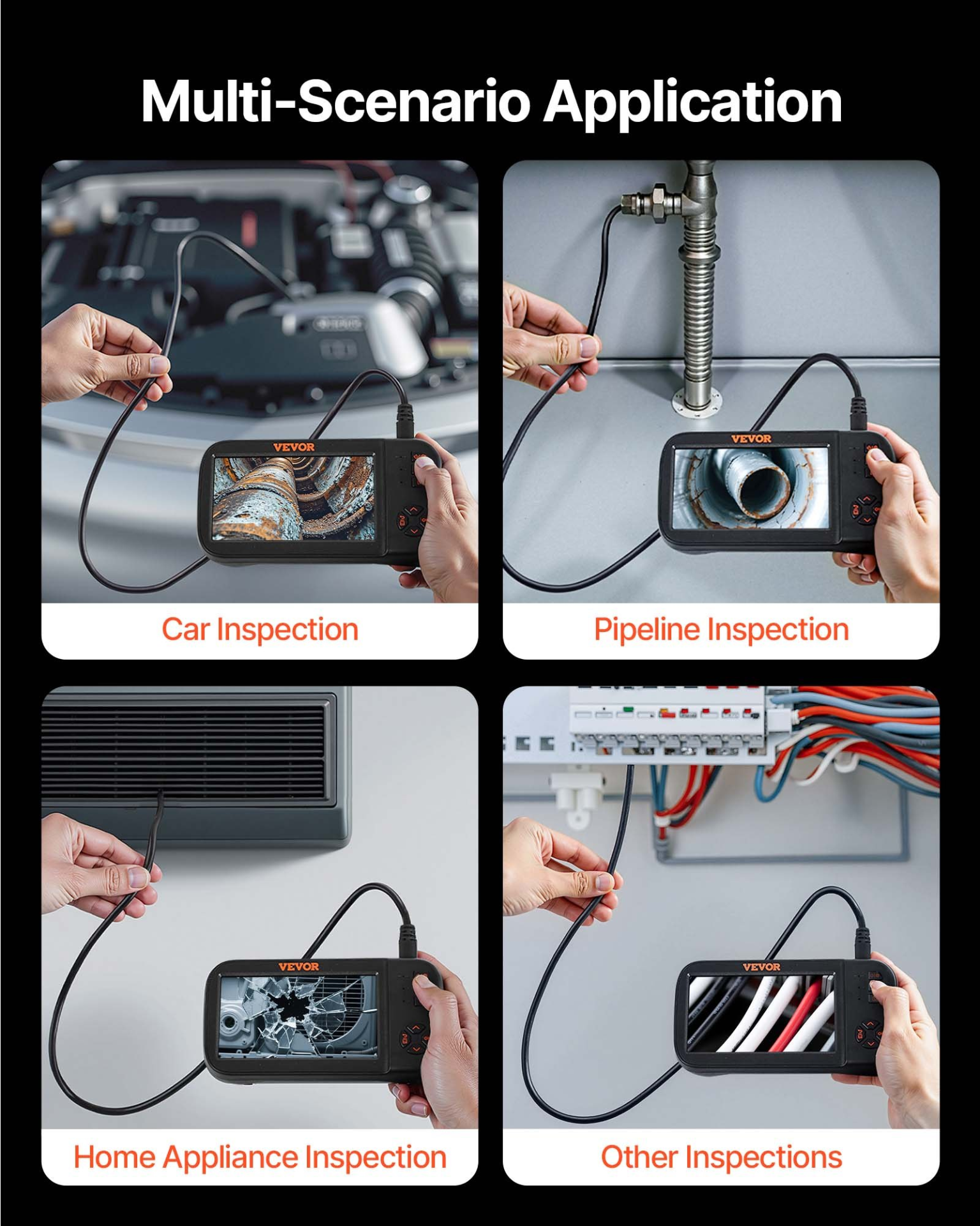 Start2Finish VEVOR Borescope Camera with triple lenses, 4.5-inch screen, 1080P, 10 LEDs, waterproof, 16.5ft cable for inspection.