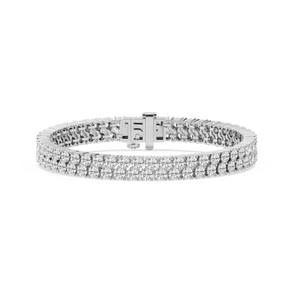 AGI Certified 10 CTW round lab-grown diamond double row tennis bracelet in 14k white gold over sterling silver, showcasing sparkling gemstones.