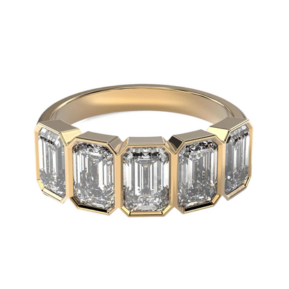 AGI Certified 3.50 CTW emerald cut lab-grown diamond five-stone bezel set band in 14k gold, showcasing sparkling diamonds.