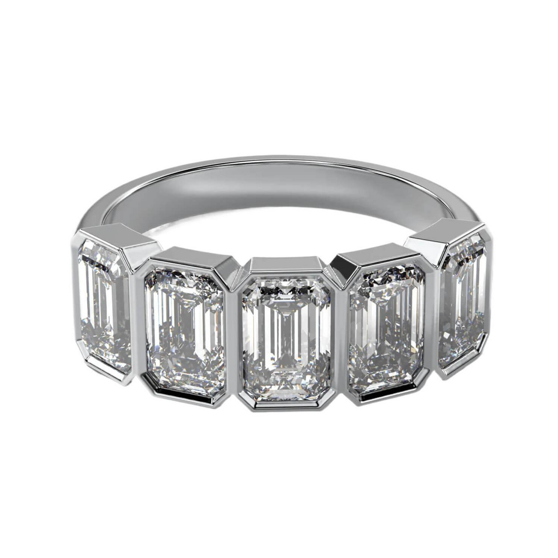 AGI Certified 3.50 CTW emerald cut five stone lab-grown diamond band in 14k gold with bezel setting.